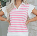 Pink Stripe Collar V Neck Ruffled Short Sleeve Blouse
