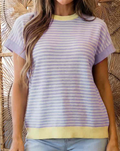 Purple Striped Colorblocked Paneling Collar Cuff Hem Texture T-Shirt - (coming soon)