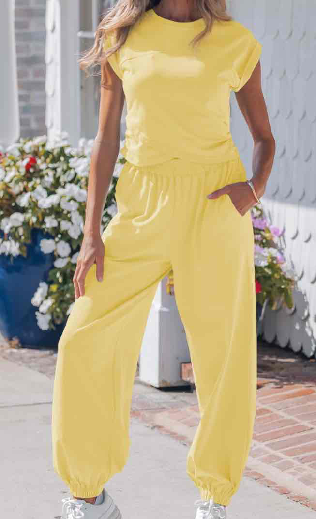 Yellow Cream Solid Color Cropped Tank Top and Jogger Pants Set - (coming soon)
