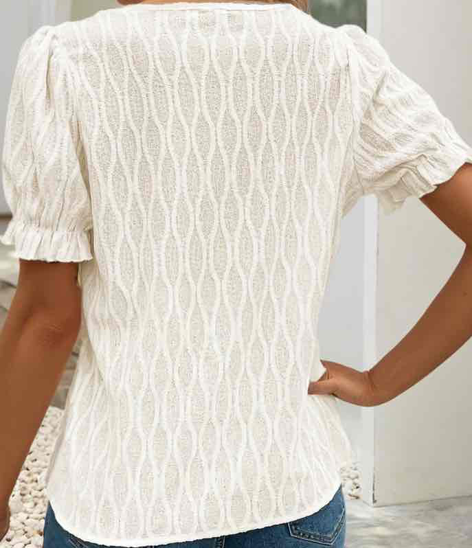White Solid Color Textured Notched Neck Puff Sleeve Blouse