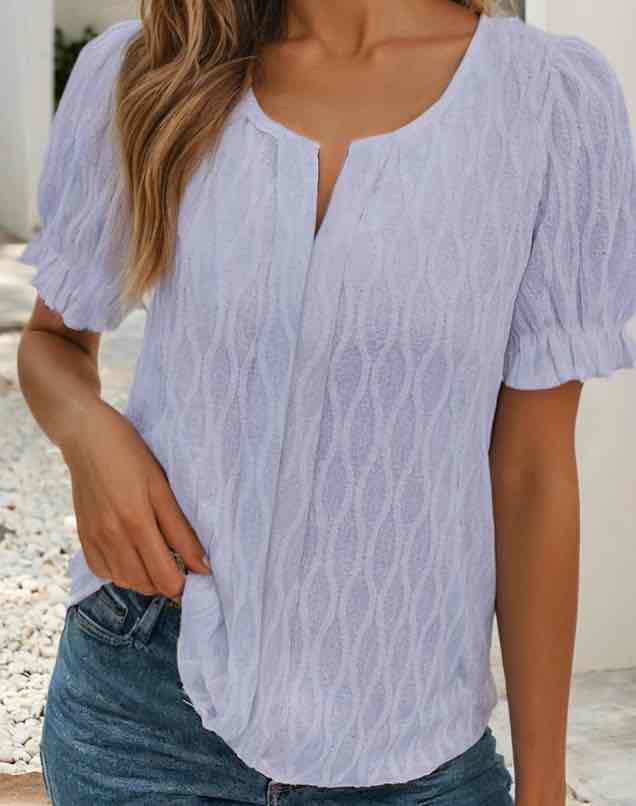 Lilac Solid Color Textured Notched Neck Puff Sleeve Blouse
