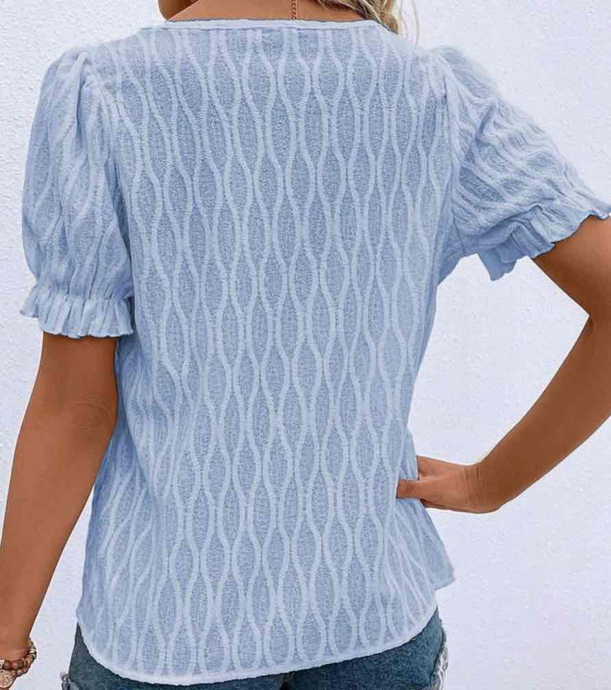 Beau Blue Solid Color Textured Notched Neck Puff Sleeve Blouse
