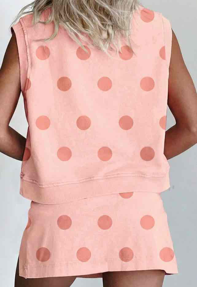 Pink Ribbed Trim Polka Dot Print Tank Split Mini Skort 2pcs Set