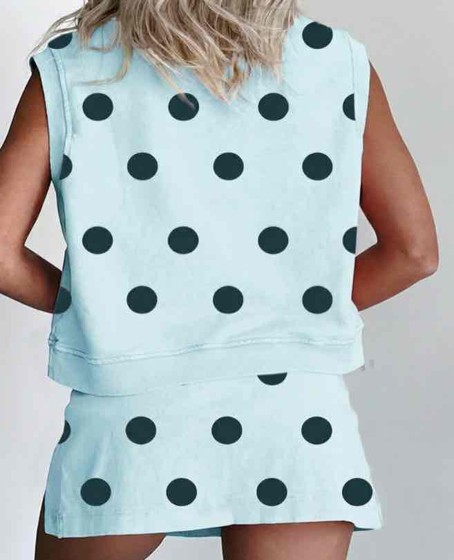 Sky Blue Ribbed Trim Polka Dot Print Tank Split Mini Skort 2pcs Set