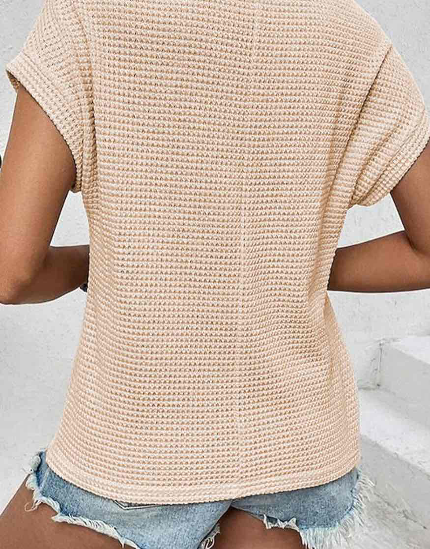 Oatmeal Lace Patchwork Waffle Short Sleeve Top
