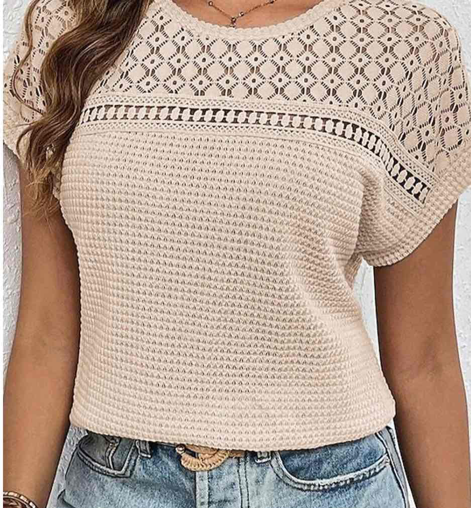 Oatmeal Lace Patchwork Waffle Short Sleeve Top
