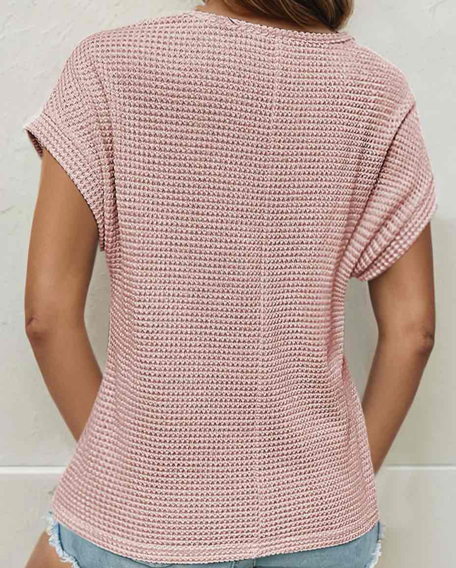 Light Pink Lace Patchwork Waffle Short Sleeve Top