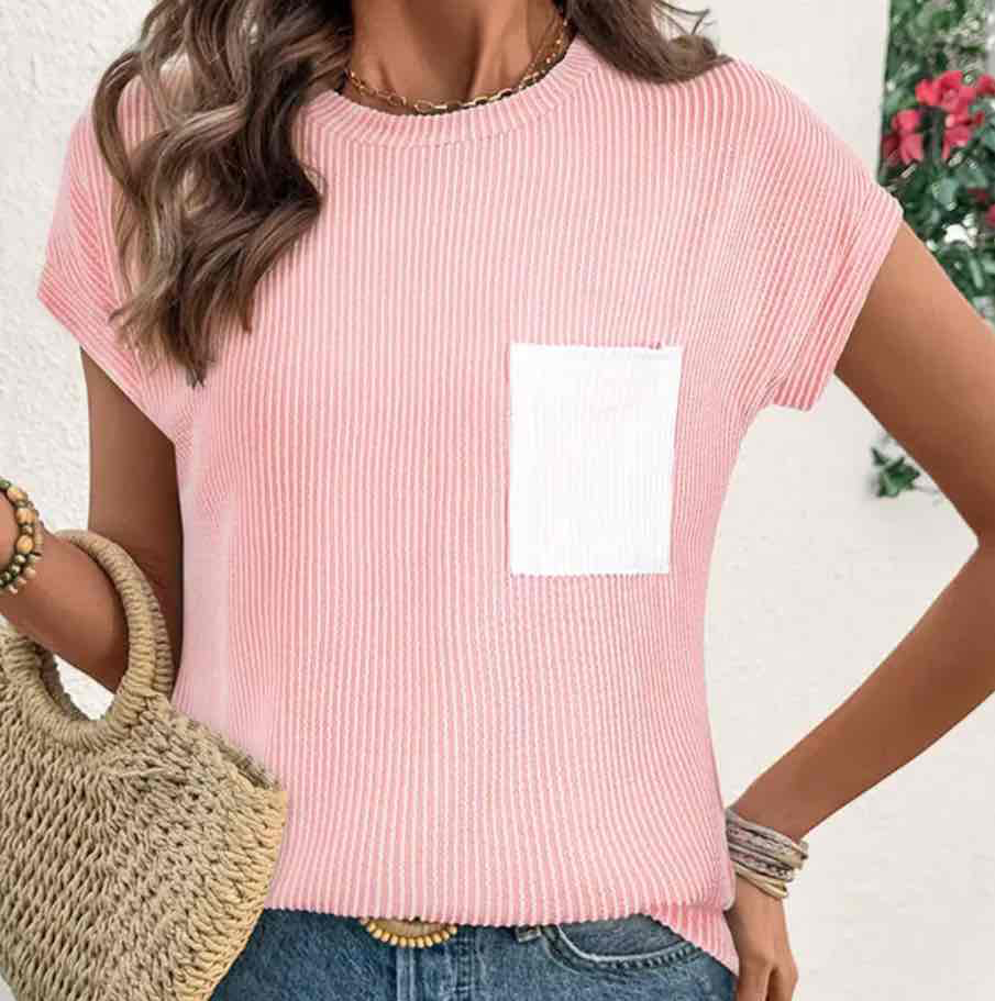 Pink Corded Knit Color Block Pocketed Crew Neck T Shirt