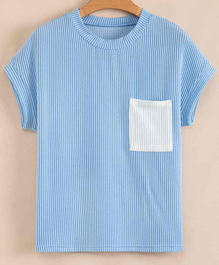 Blue Corded Knit Color Block Pocketed Crew Neck T Shirt