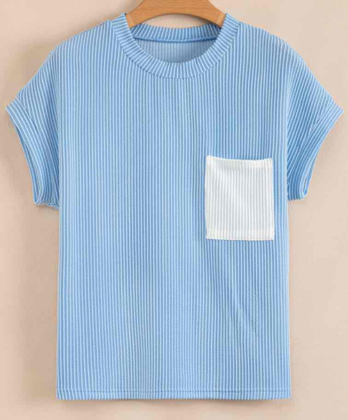 Blue Corded Knit Color Block Pocketed Crew Neck T Shirt
