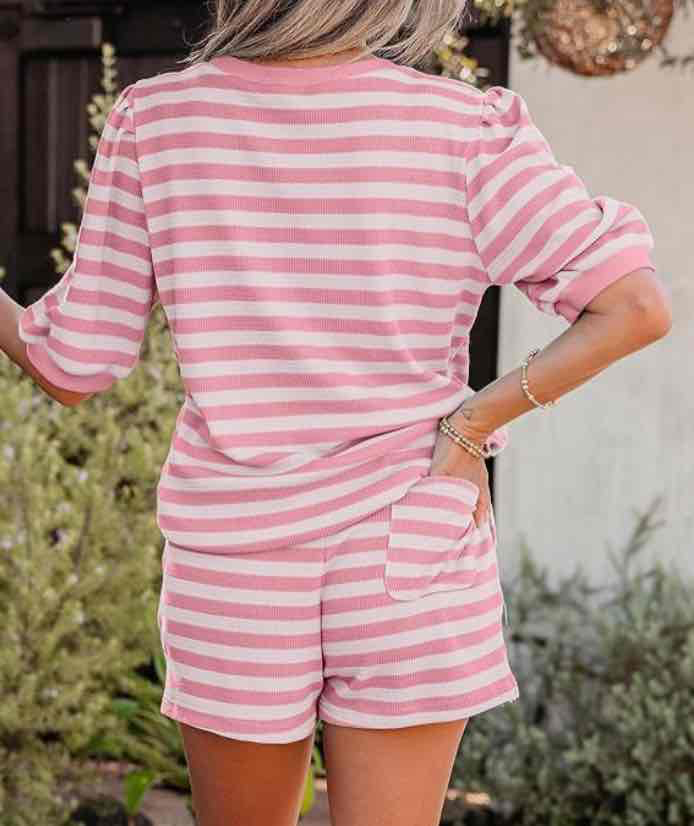 Pink Stripe Puff Short Sleeve T Shirt Matching Shorts Set - (coming soon)