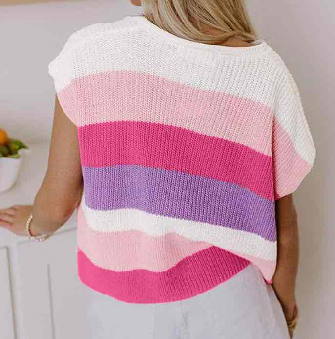 Pink Color Block Notch V Neck Sweater T Shirt