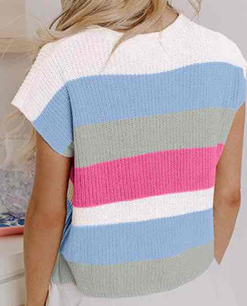 Blue Color Block Notch V Neck Sweater T Shirt