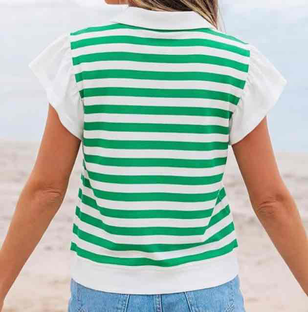 Green Stripe Collar V Neck Ruffled Short Sleeve Blouse