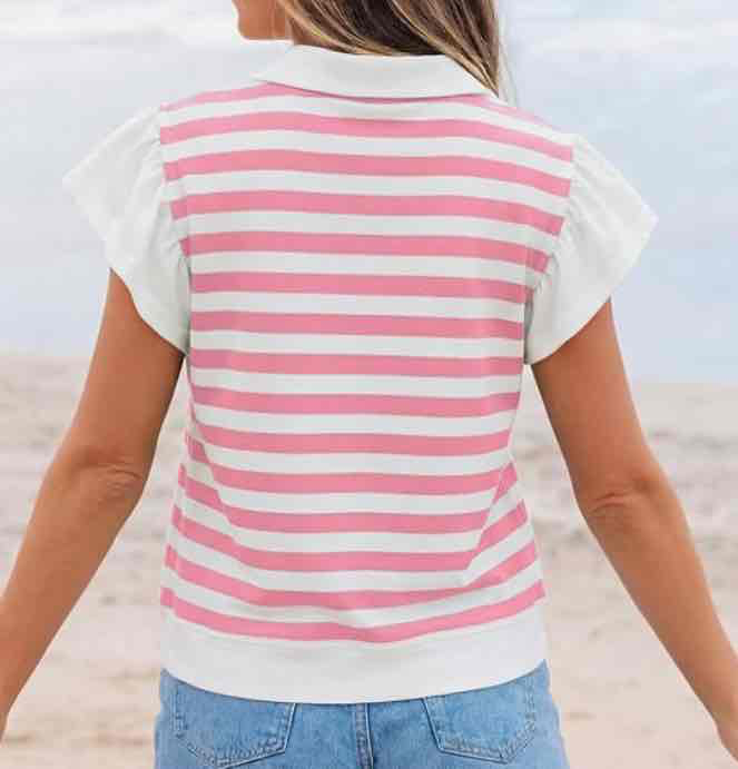 Pink Stripe Collar V Neck Ruffled Short Sleeve Blouse