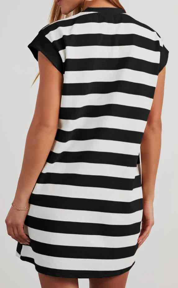 Black Stripe Cap Sleeve Shift T Shirt Dress - (Coming Soon)