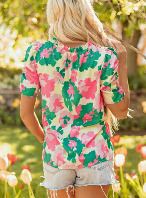 Green Abstract print Frilly Neck Ruched Short Sleeve Blouse
