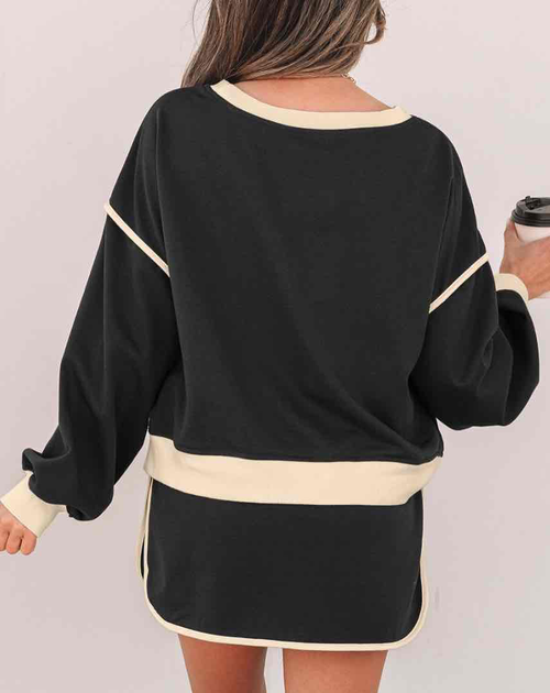 Black Color Contrast Loose Pullover and Lace-up Waist Skort Set - (coming soon)