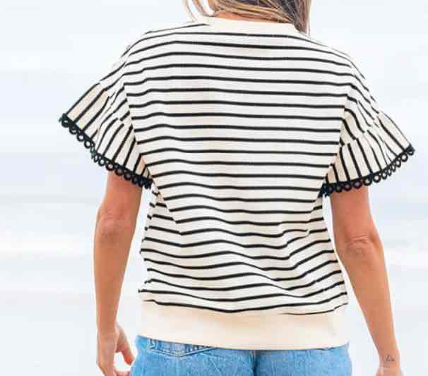 Black Stripe Scallop Lace Trim Ruffle Short Sleeves Crewneck Top - (coming soon)