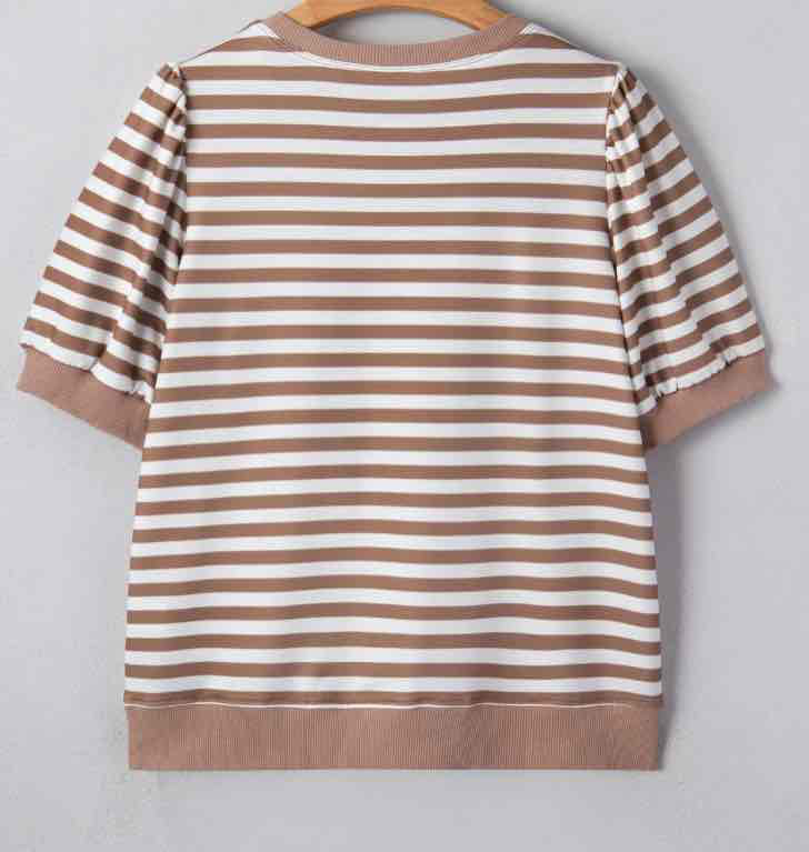 Khaki Stripe Short Bubble Sleeve T Shirt - (coming soon)