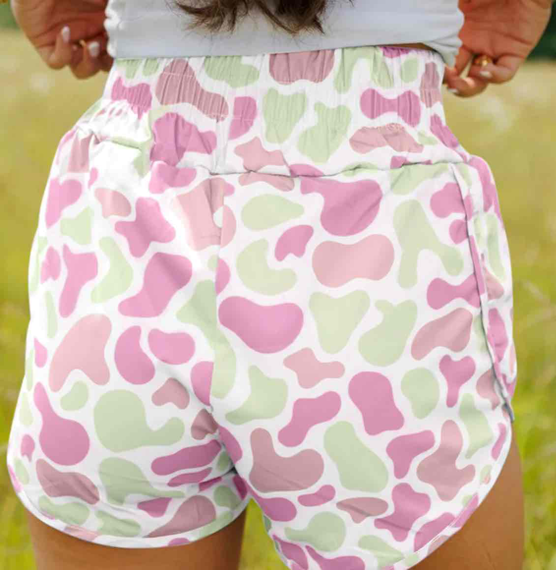 Green Camouflage Print Shirred High Waist Athletic Shorts - (Coming soon)