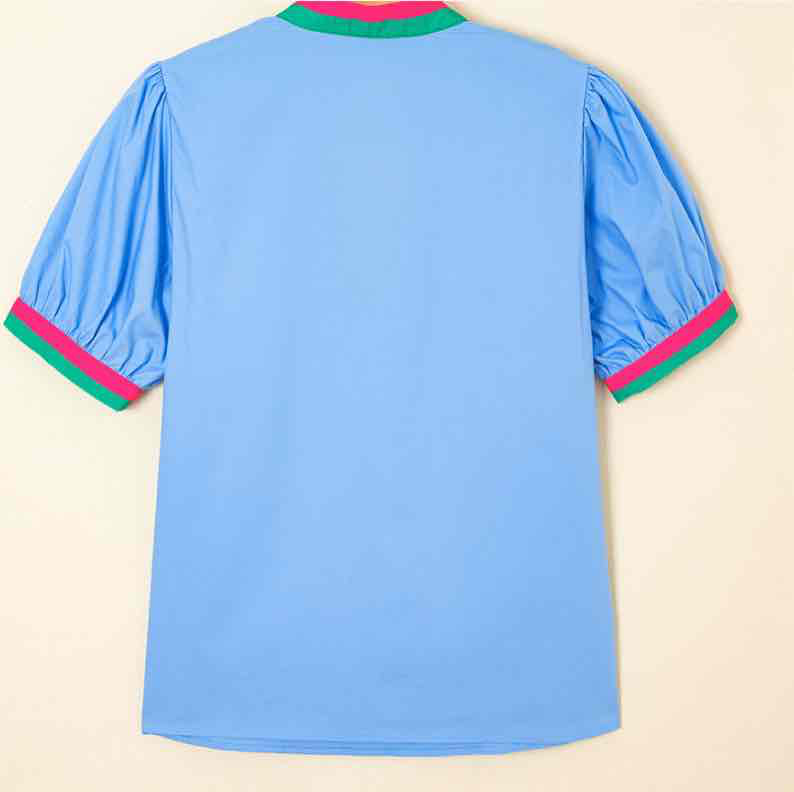 Sky Blue Contrast Striped V Neck Collision Short Puff Sleeve Blouse