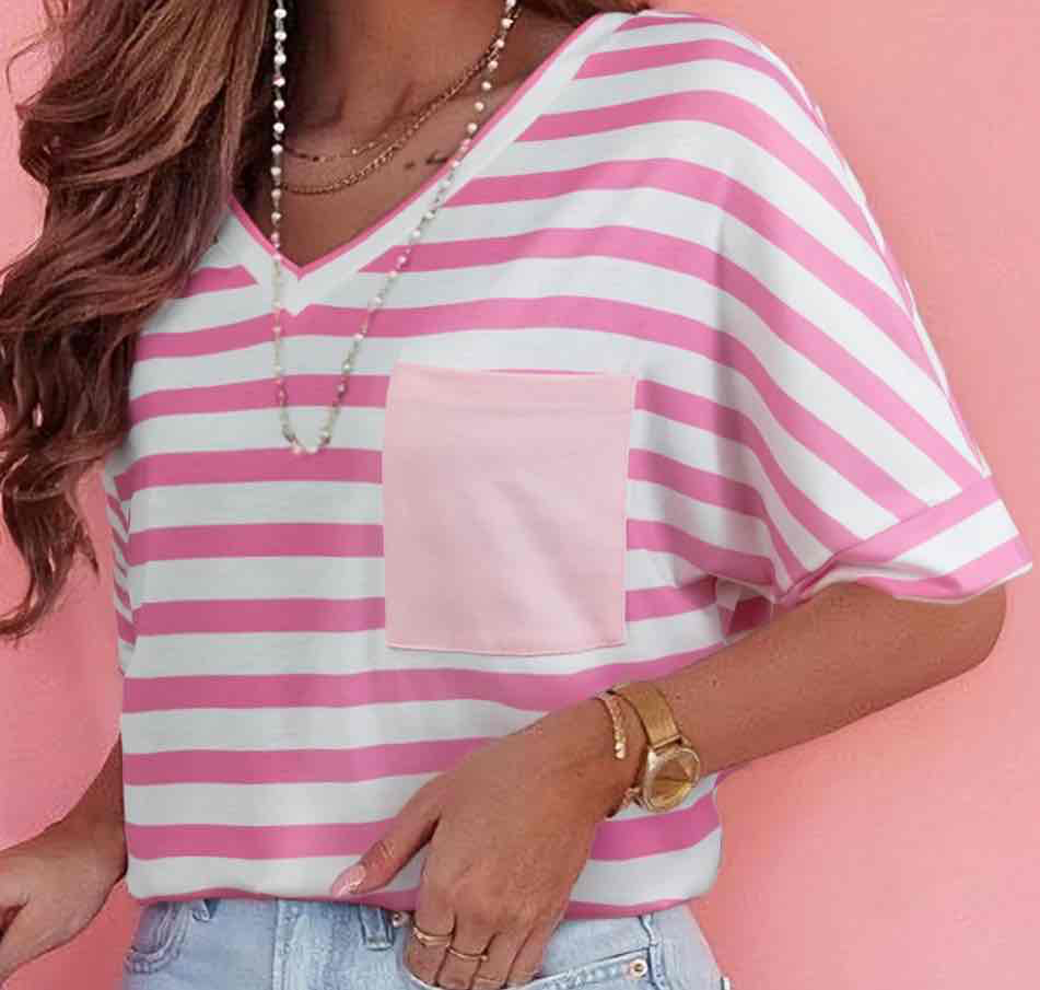 Pink Stripe V Neck Pocket Casual T Shirt - (coming soon)