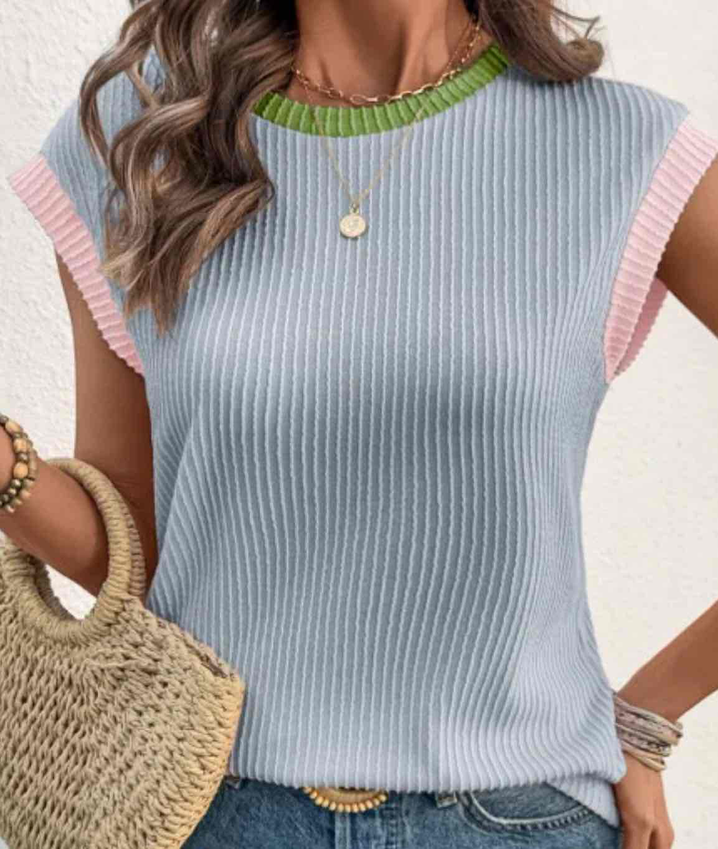 Beau Blue Color Block Corded Knit Crew Neck Tee