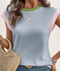 Beau Blue Color Block Corded Knit Crew Neck Tee