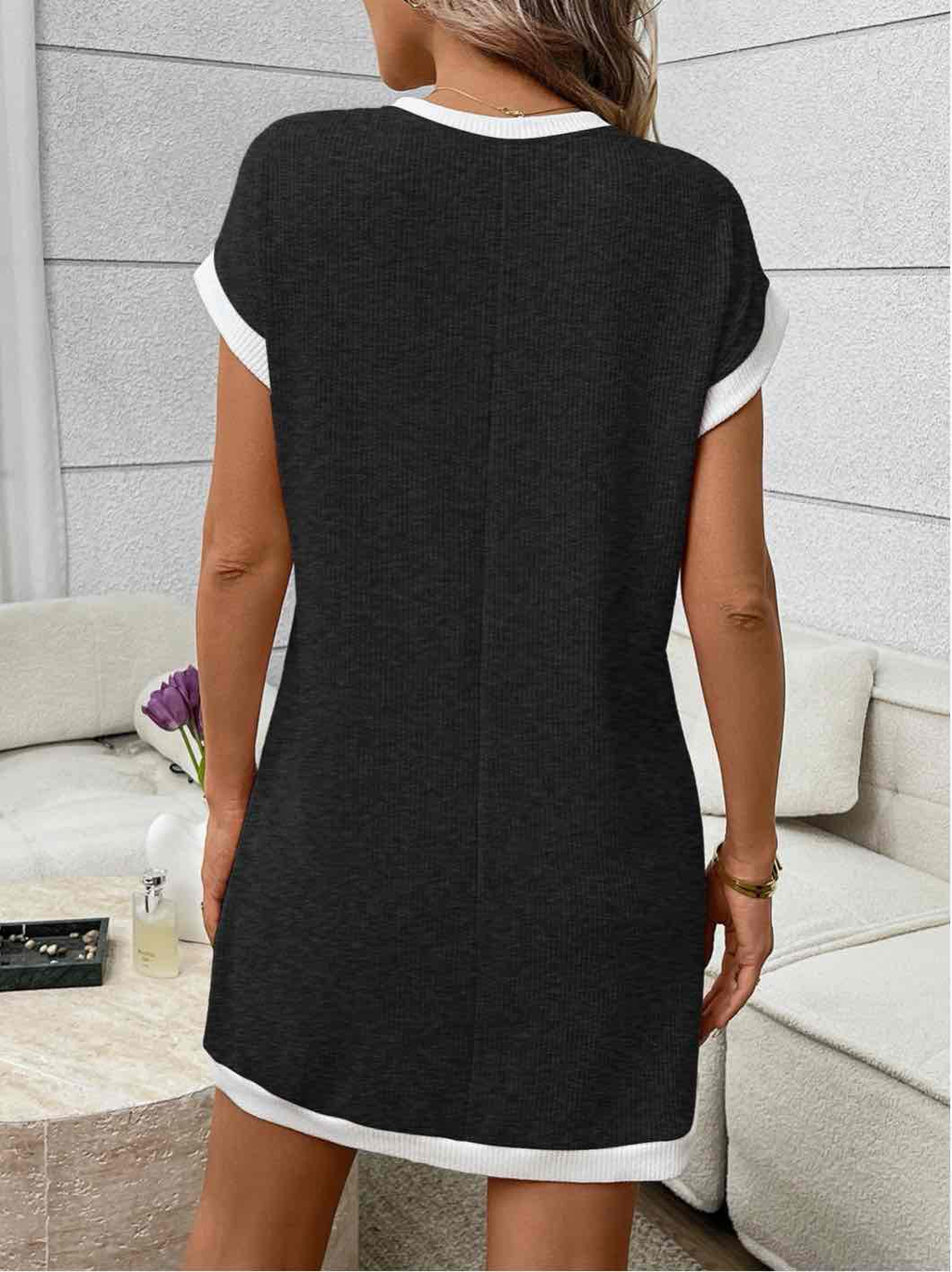 Navy Contrast Trim Pocket T Shirt Dress Casual Shift - Black Gray Ribbed Pattern