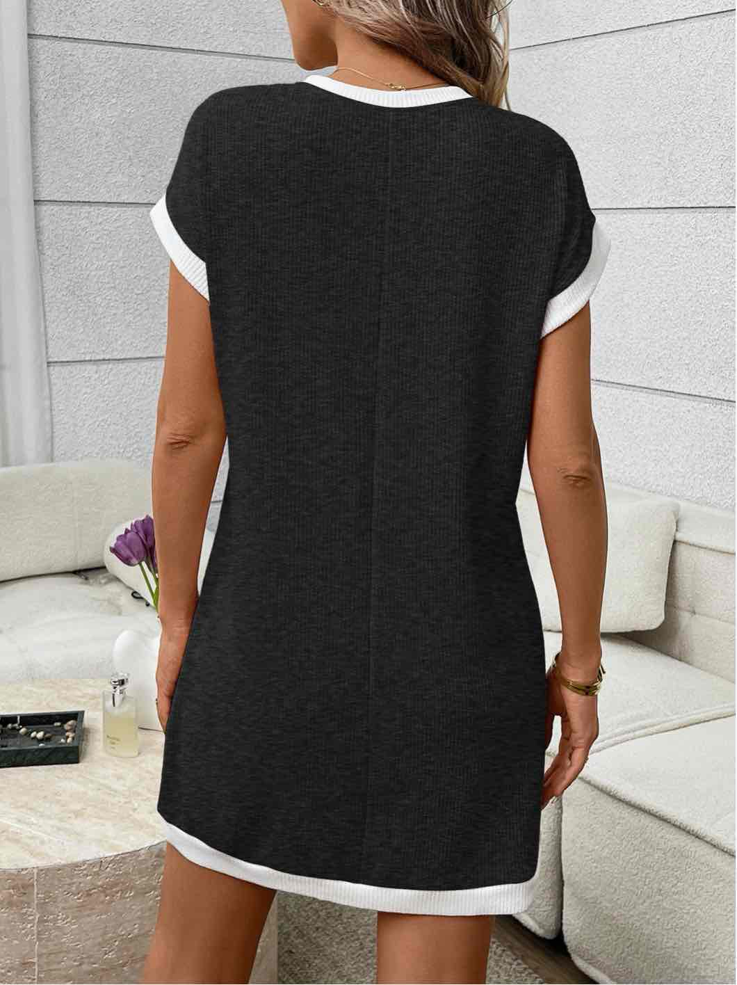 Navy Contrast Trim Pocket T Shirt Dress Casual Shift - Black Gray Ribbed Pattern