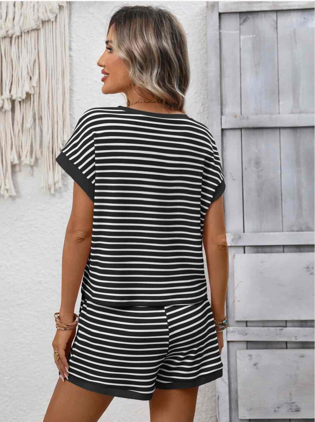 Striped Short Sleeve Top & Shorts Lounge Set