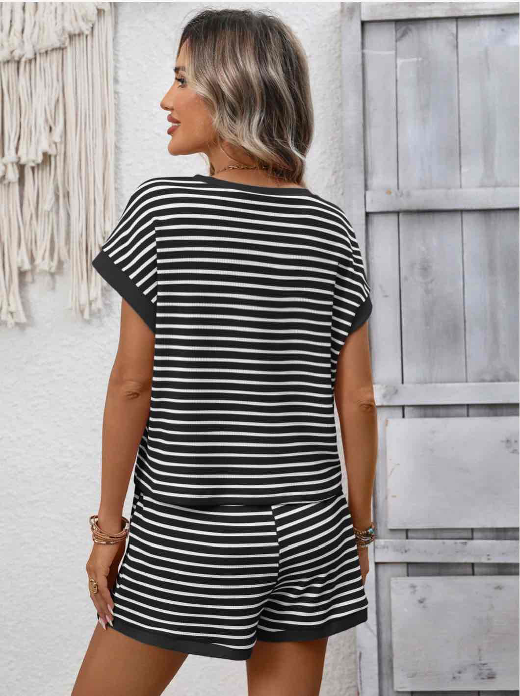 Striped Short Sleeve Top & Shorts Lounge Set
