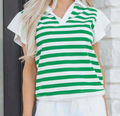 Green Stripe Collar V Neck Ruffled Short Sleeve Blouse