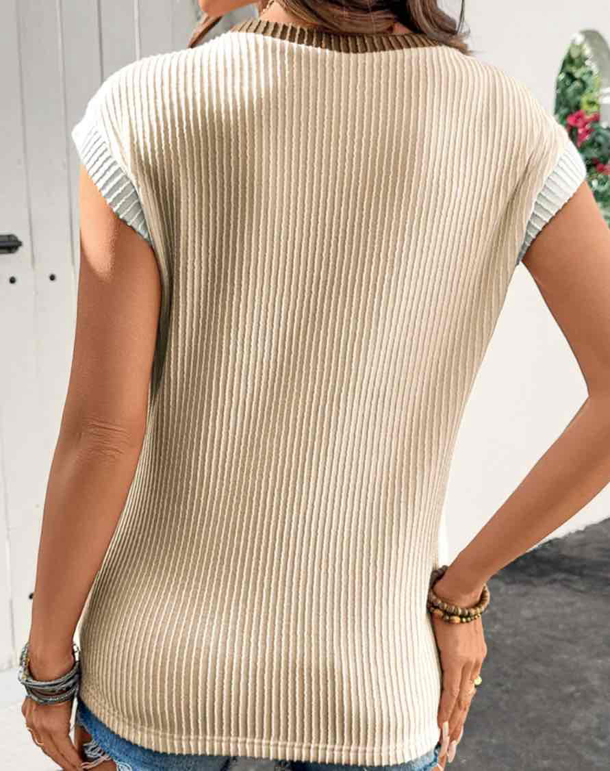 Apricot Color Block Corded Knit Crew Neck Tee