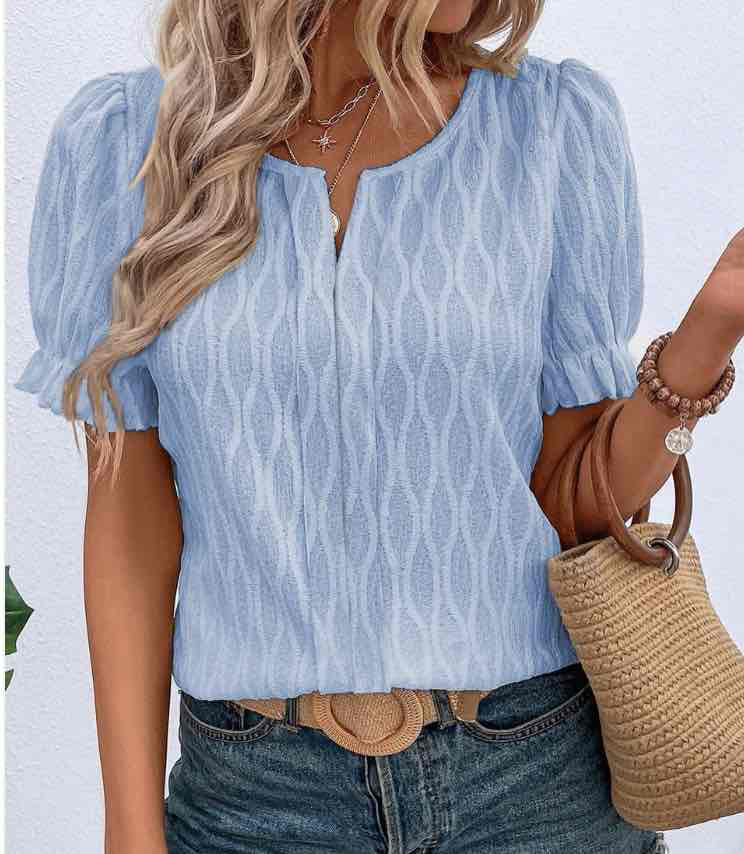Beau Blue Solid Color Textured Notched Neck Puff Sleeve Blouse