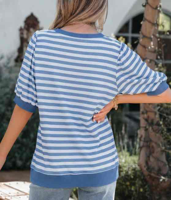 Sky Blue Stripe Short Bubble Sleeve T Shirt - (coming soon)
