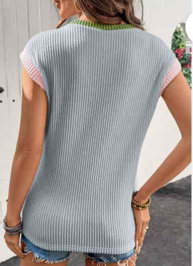 Beau Blue Color Block Corded Knit Crew Neck Tee