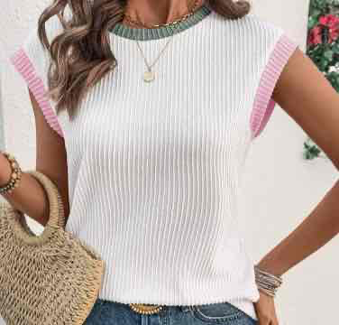White Color Block Corded Knit Crew Neck Tee