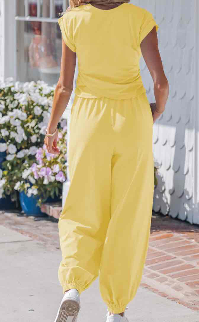 Yellow Cream Solid Color Cropped Tank Top and Jogger Pants Set - (coming soon)