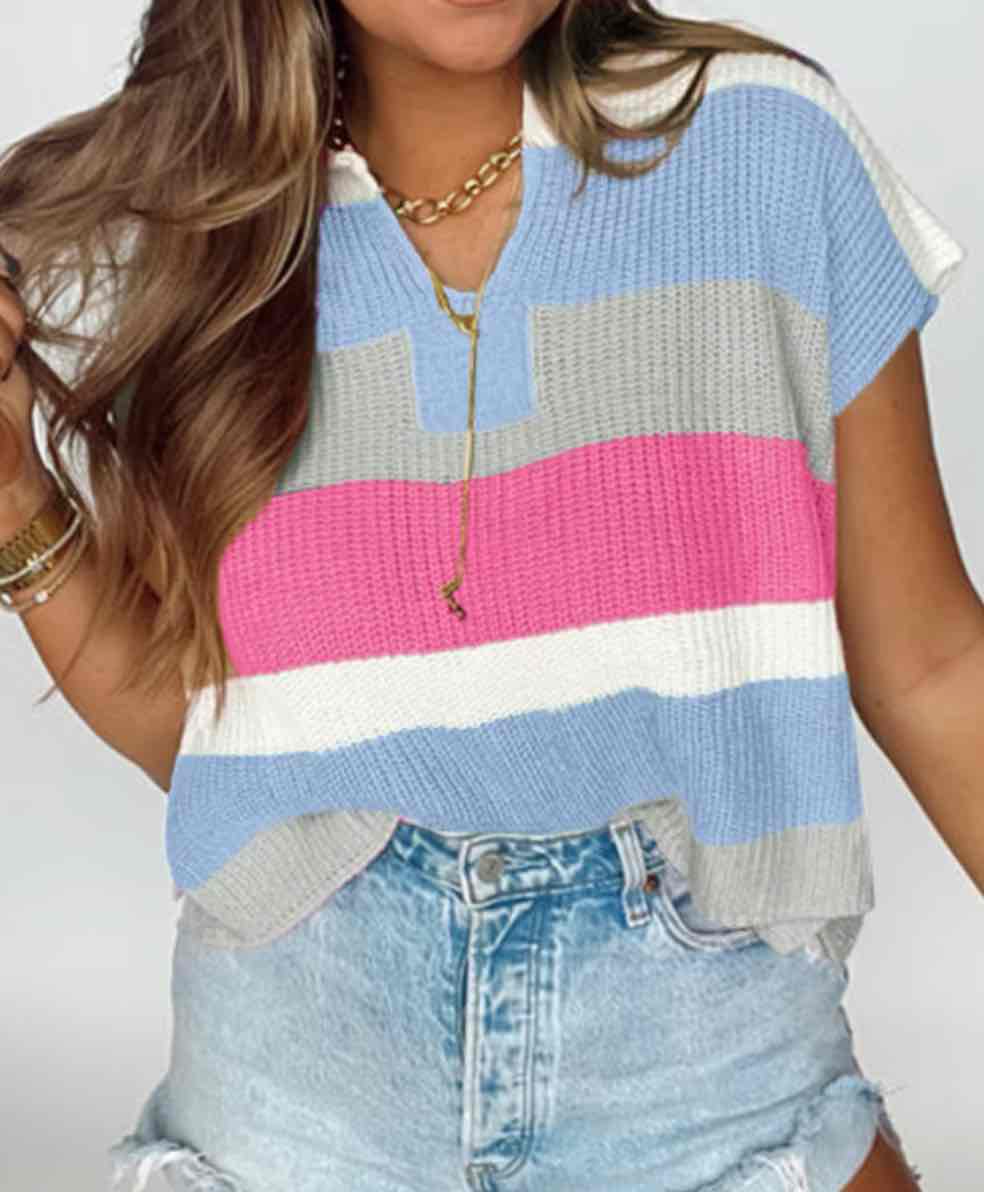 Blue Color Block Notch V Neck Sweater T Shirt