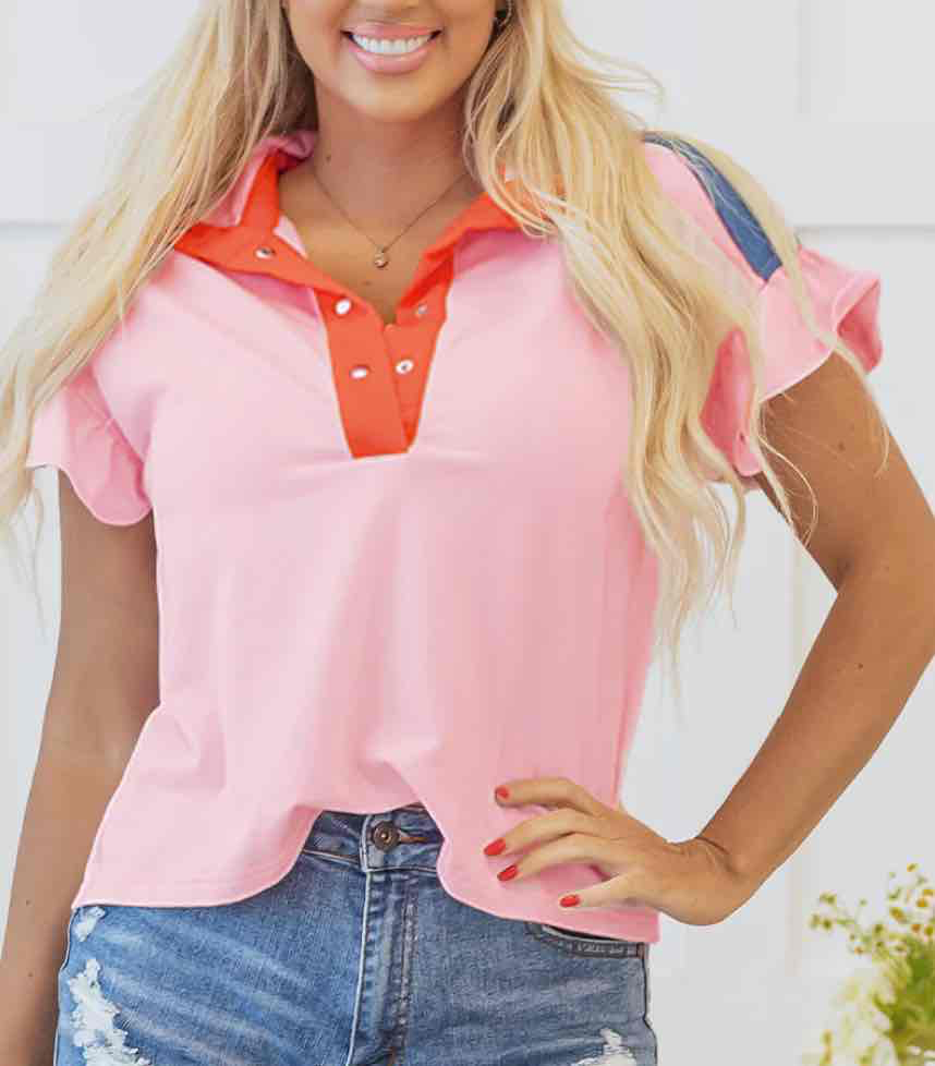 Gossamer Pink Color Block Half Button Ruffled Short Sleeve T Shirt