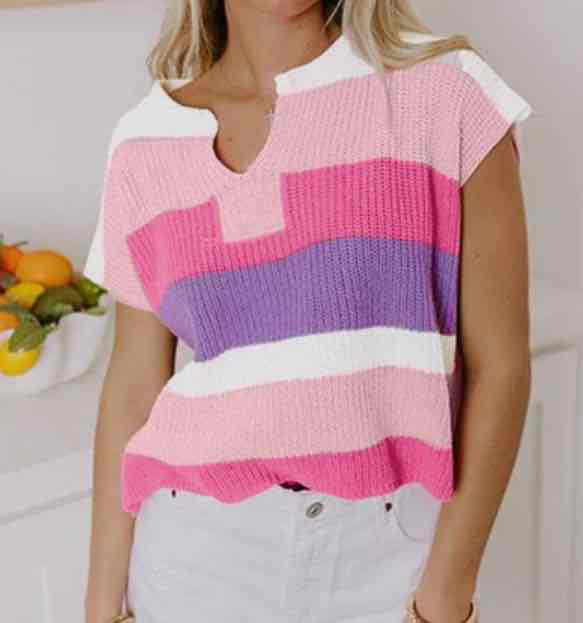 Pink Color Block Notch V Neck Sweater T Shirt