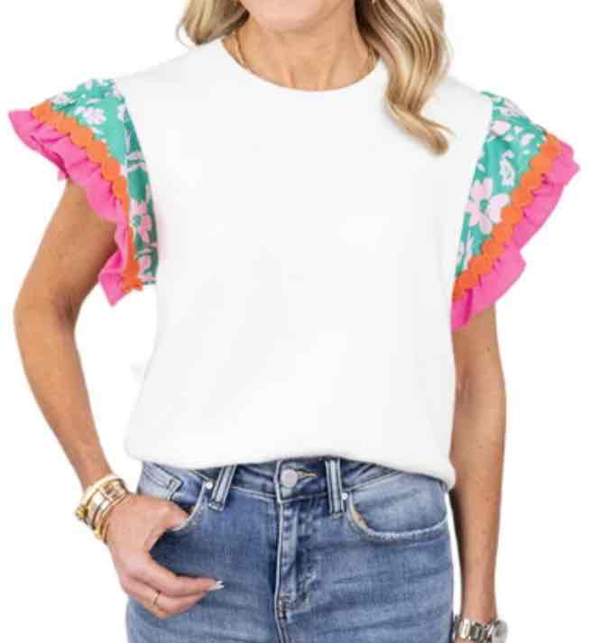 White Contrast Ricrac Floral Sleeve Top