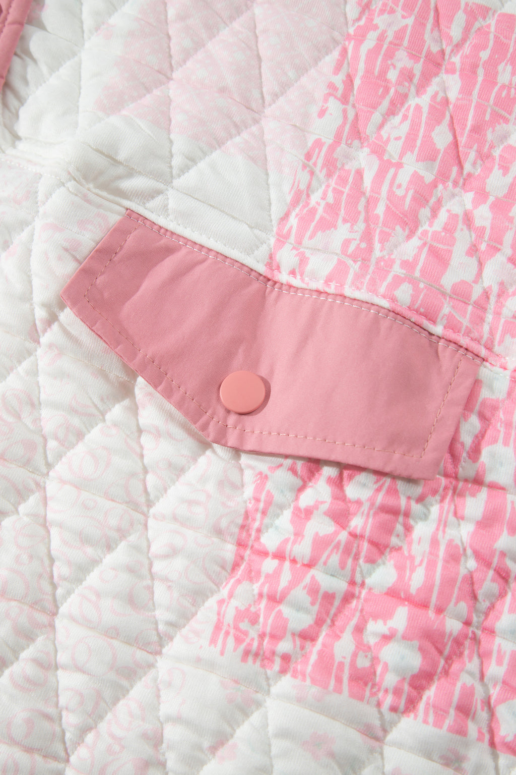 Pink Floral Quilted Half Button Pocketed Pullover Sweatshirt