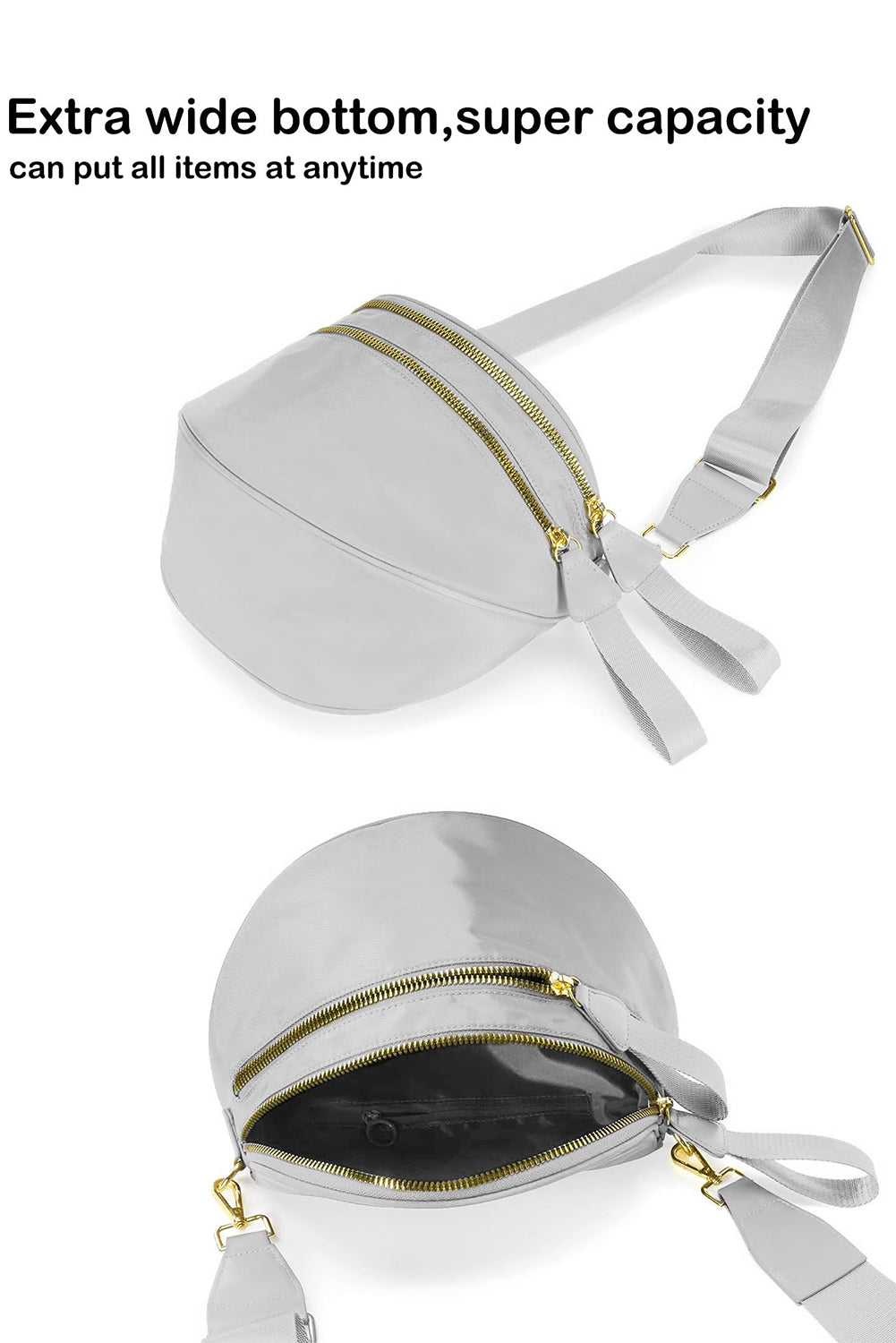Dark Grey Double Zip Crescent Shape Adjustable Sling Bag