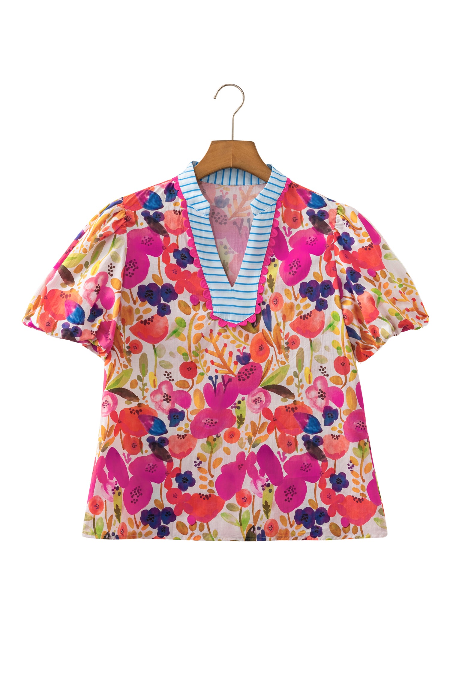 Rose Floral Print V Neck Short Puff Sleeve Cotton Blouse