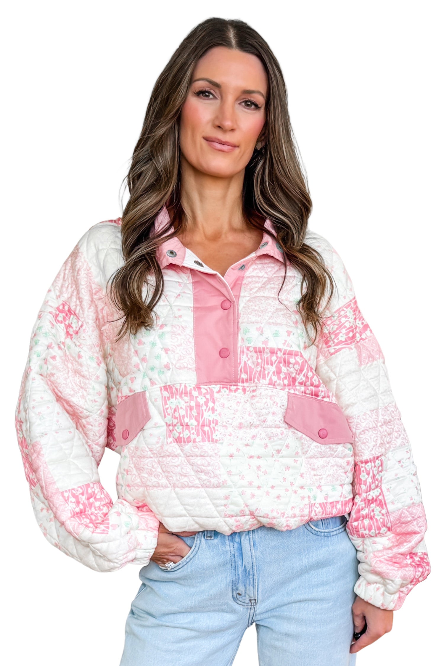 Pink Floral Quilted Half Button Pocketed Pullover Sweatshirt