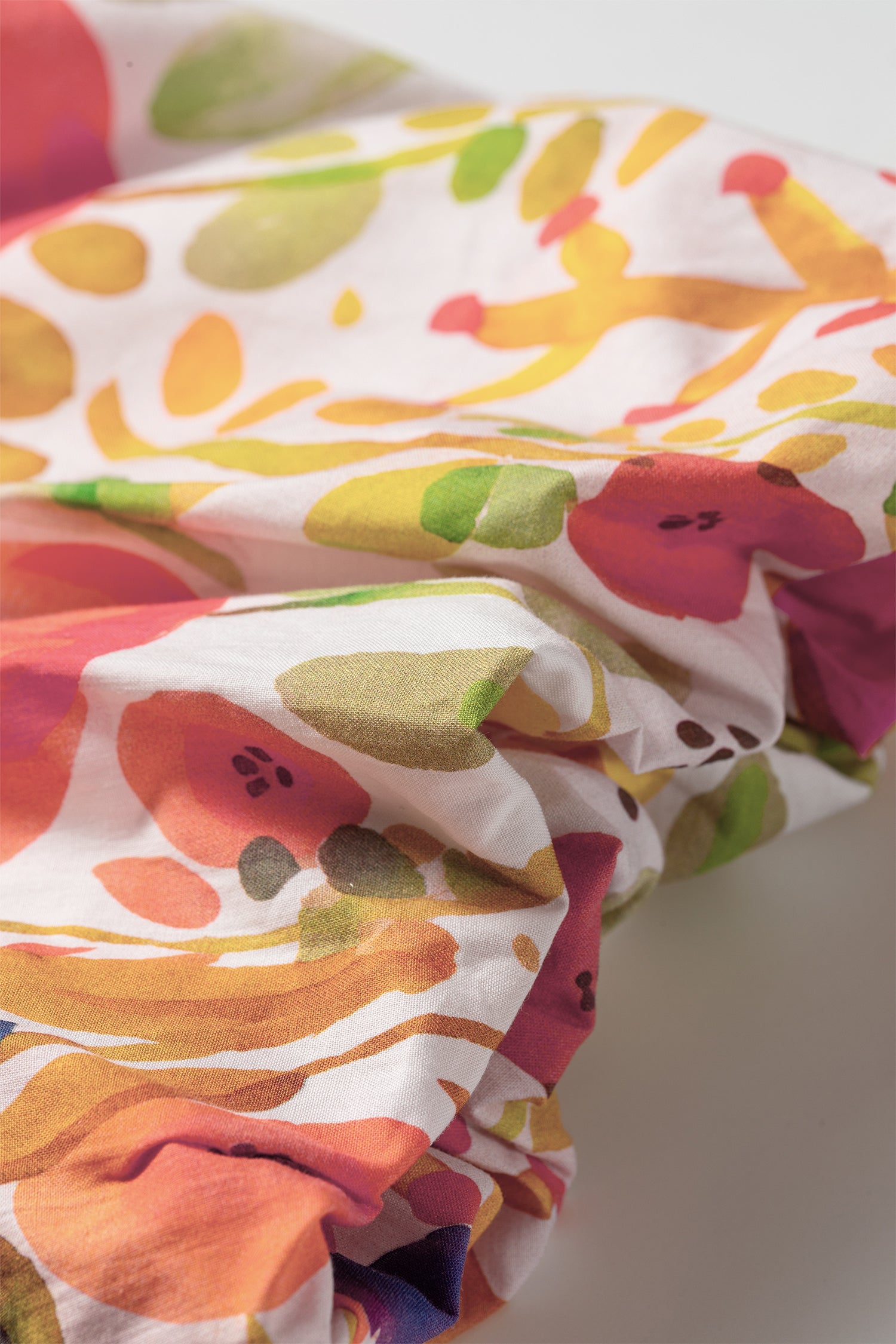 Rose Floral Print V Neck Short Puff Sleeve Cotton Blouse
