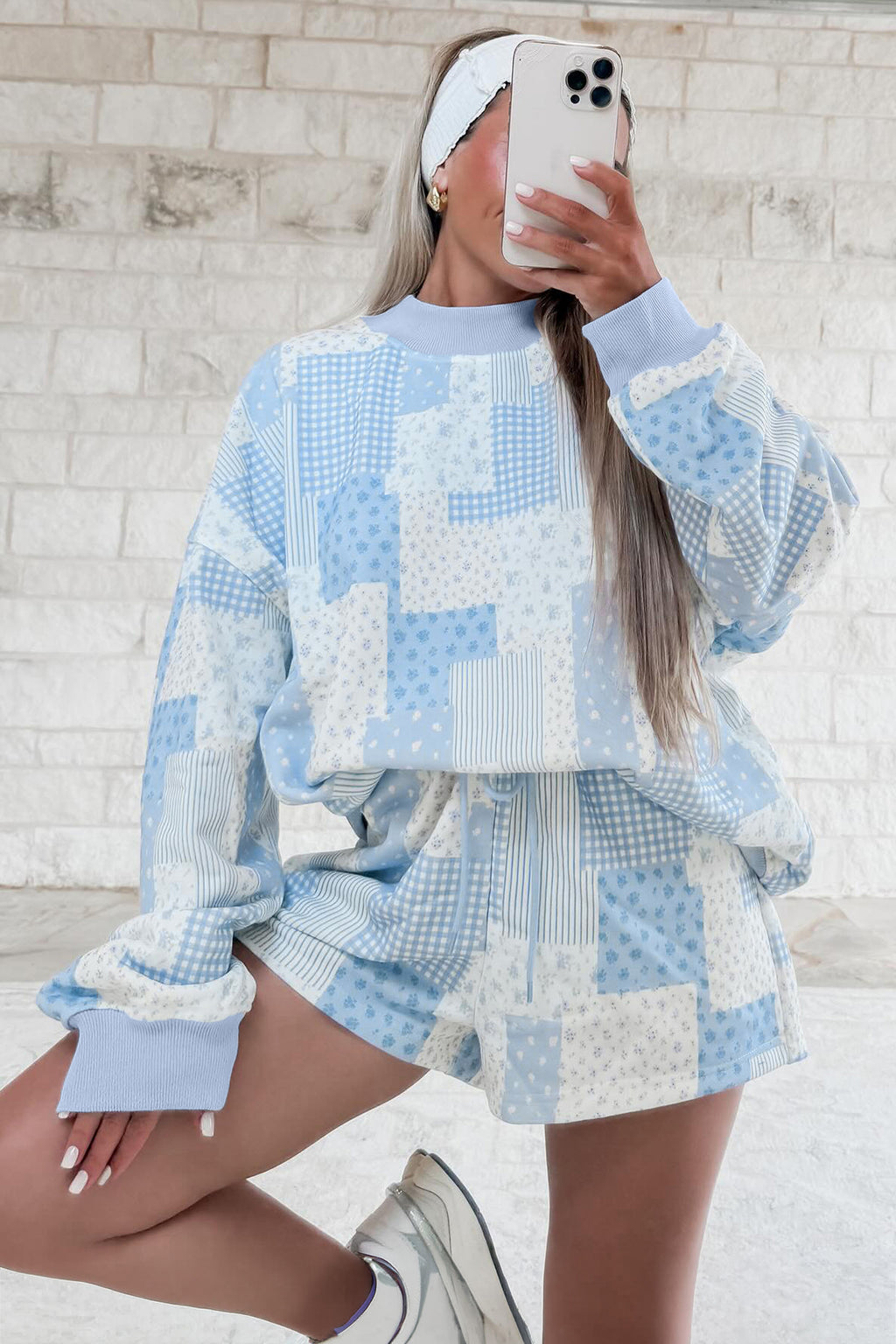 Light Pink Patchwork Floral Print Drop Shoulder Baggy Pullover Drawstring Shorts Set